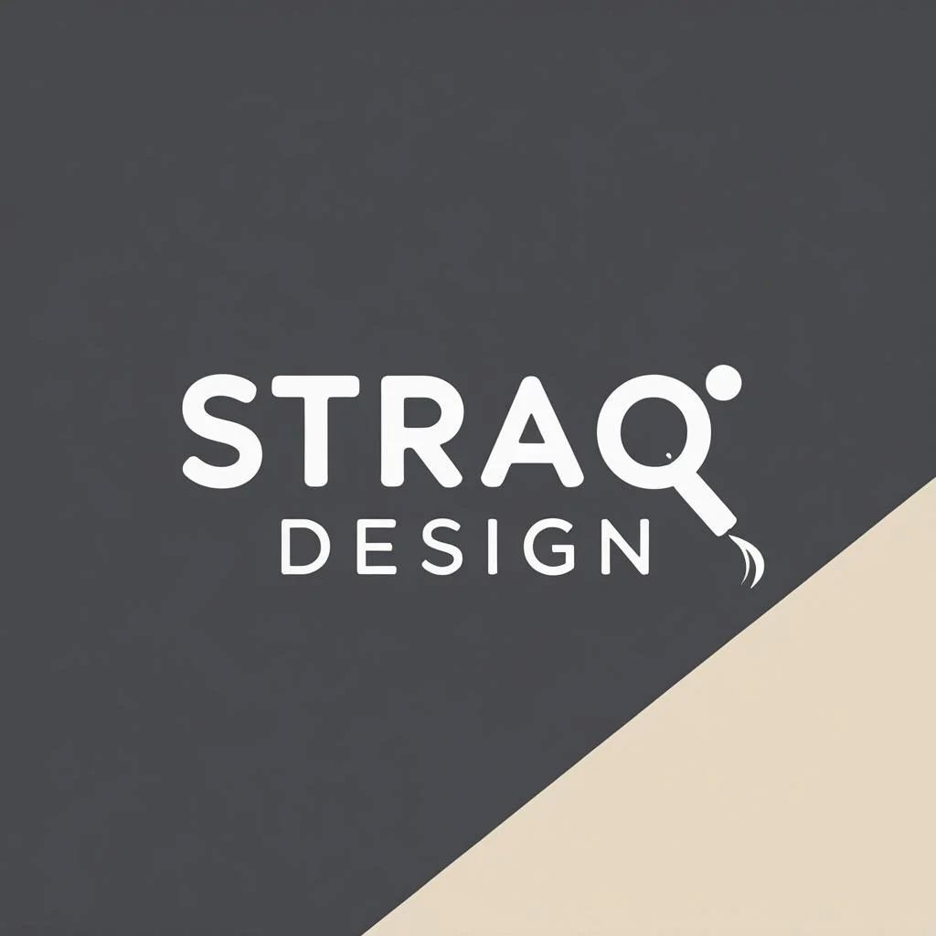 STRAQ Design — wit woordmerk op antraciet met een zandkleurig vlak